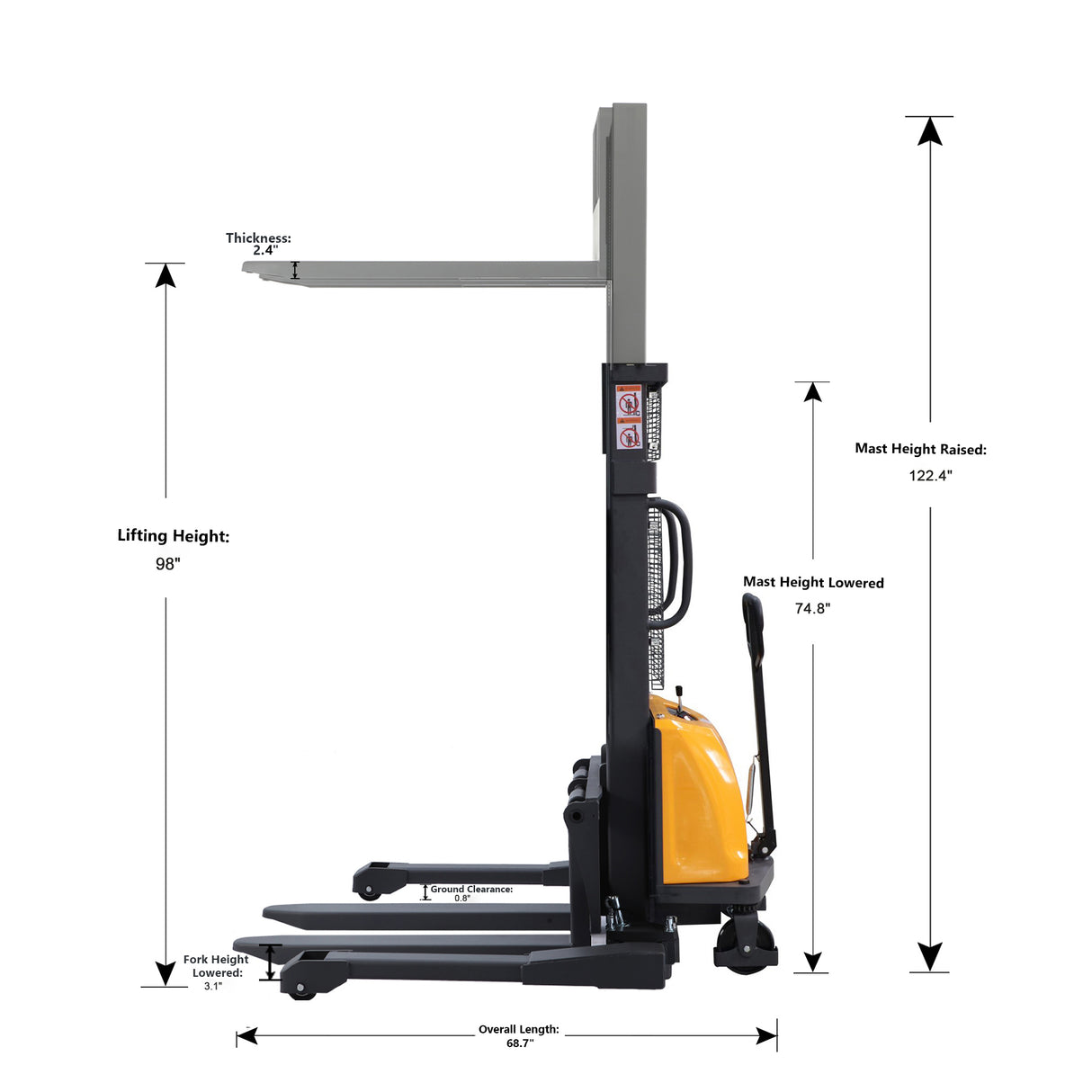 Semi-Electric Straddle Stacker| 3300 lbs.| 98" or 118" Lifting Height| Straddle- Leg| 12V/100AH