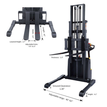 Electric Walkie Straddle Stacker| 3300 lb| Lowered Ht. 2.8 in| Mast Ht. 83 in| 177 in Lifting| Fork Size 42 x 7.8-31.5