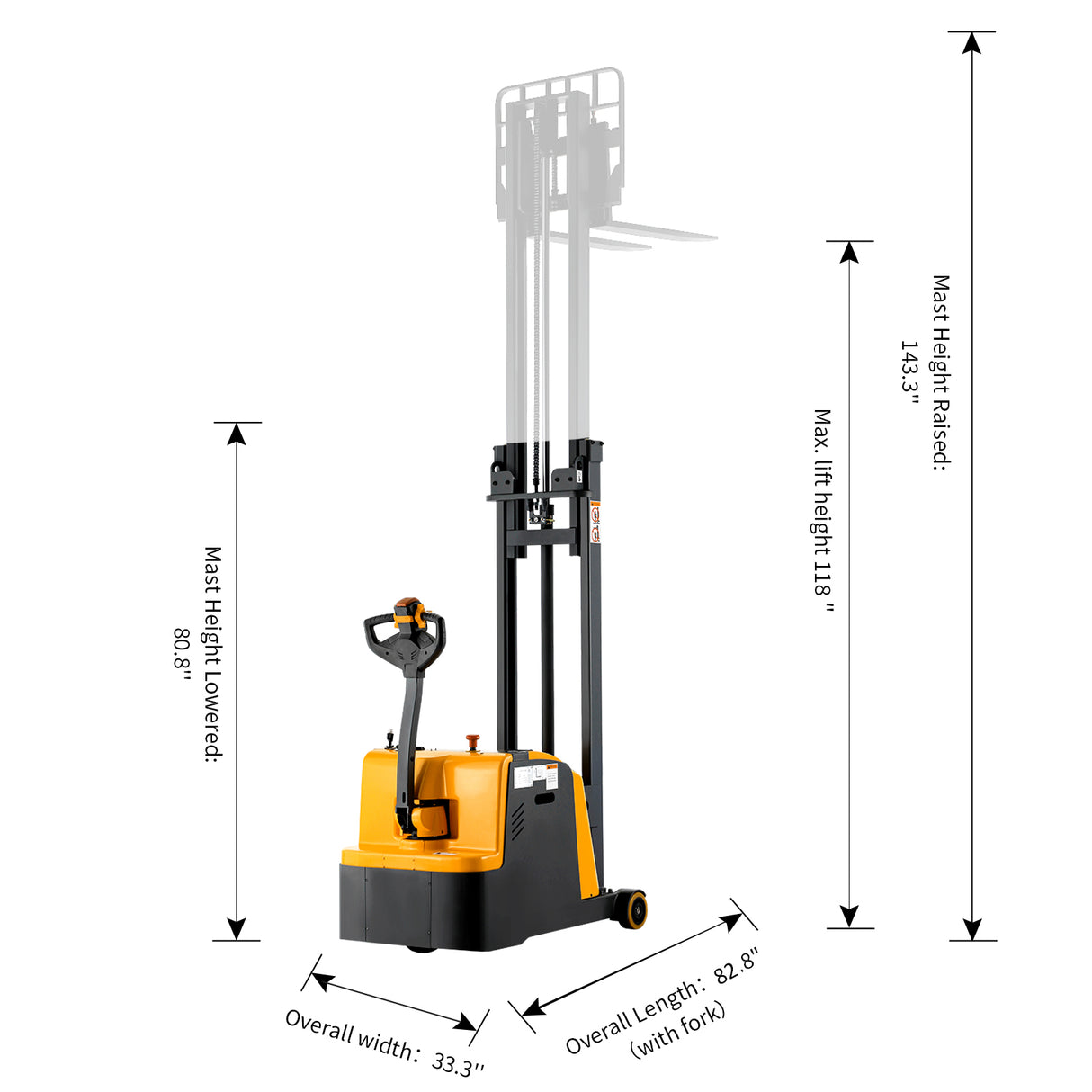 Counterbalanced Electric Stacker| 1200 lb| 118" Lifting Height| Apollolift A-3031