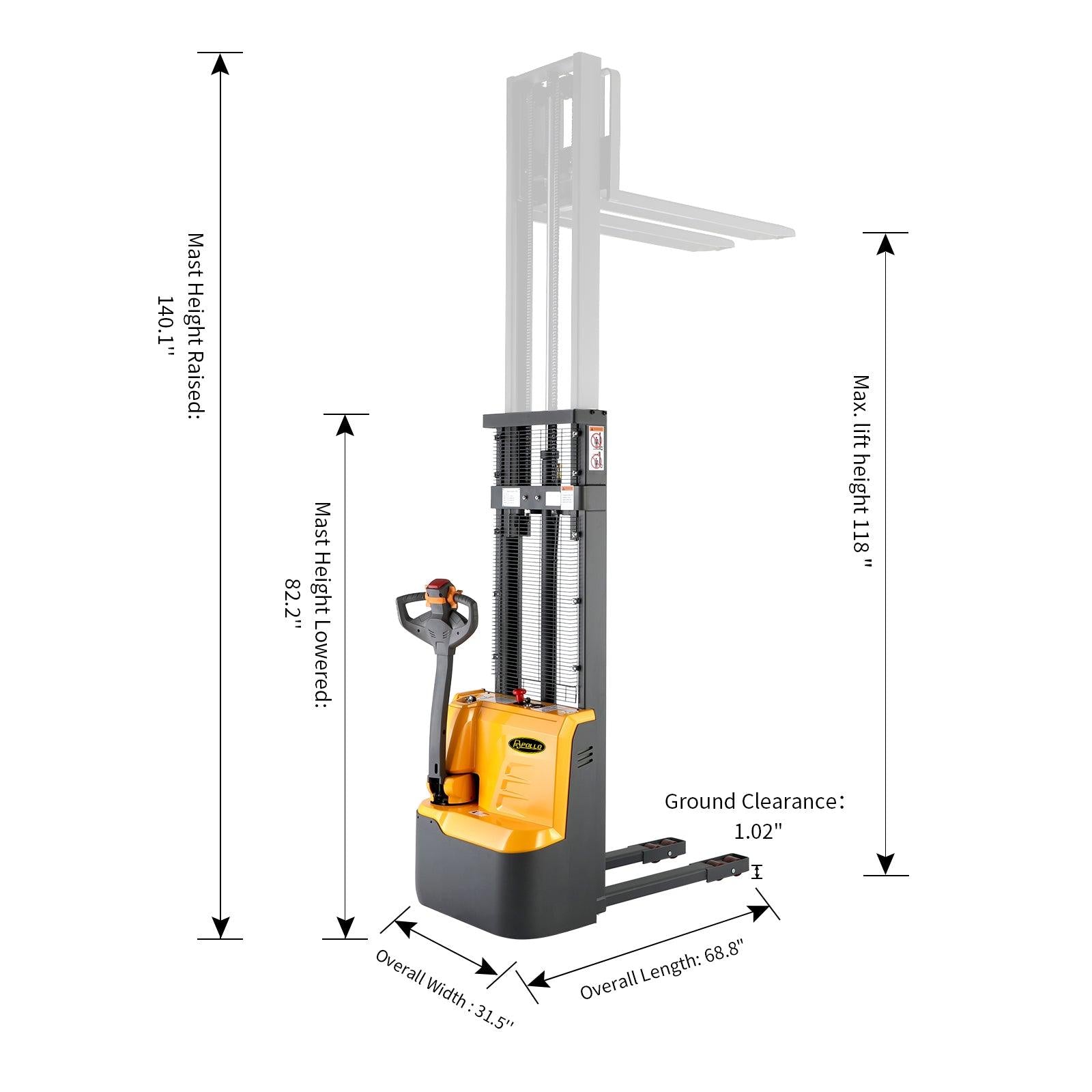 Apollolift Powered Forklift Full Electric Walkie Stacker 2200lbs Cap. Fixed Legs. 118" Lifting - APOLLOLIFT (6814926405800)